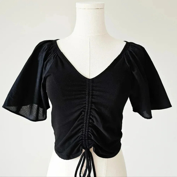 Maeve anthropologie Size xs crop top v neck cinched flutter sleeve black - Picture 1 of 7